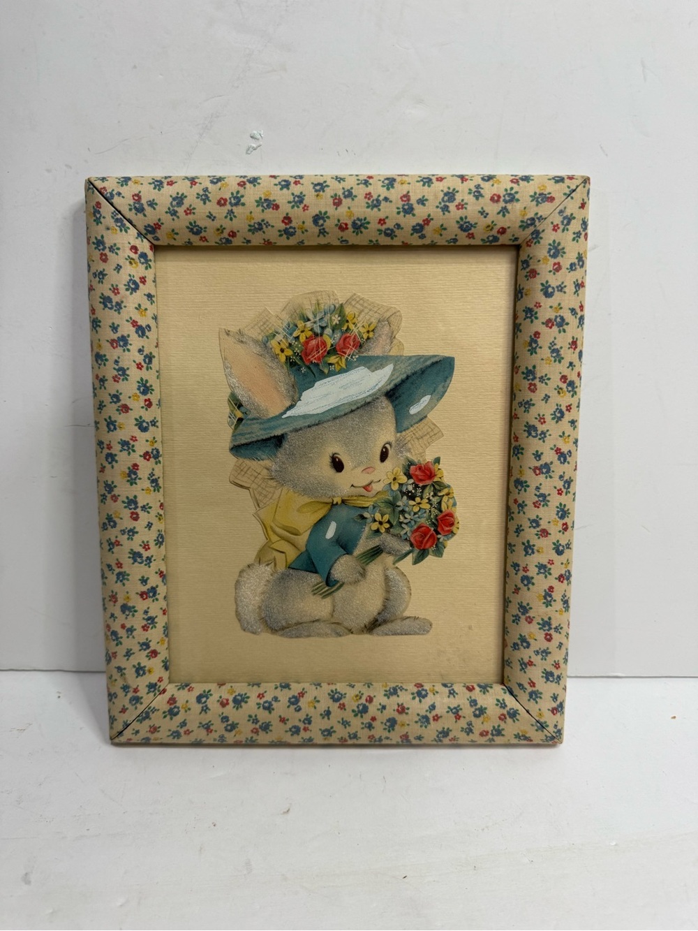 Vintage Framed Dressed Bunny Rabbit Art Print in Floral Fabric Frame